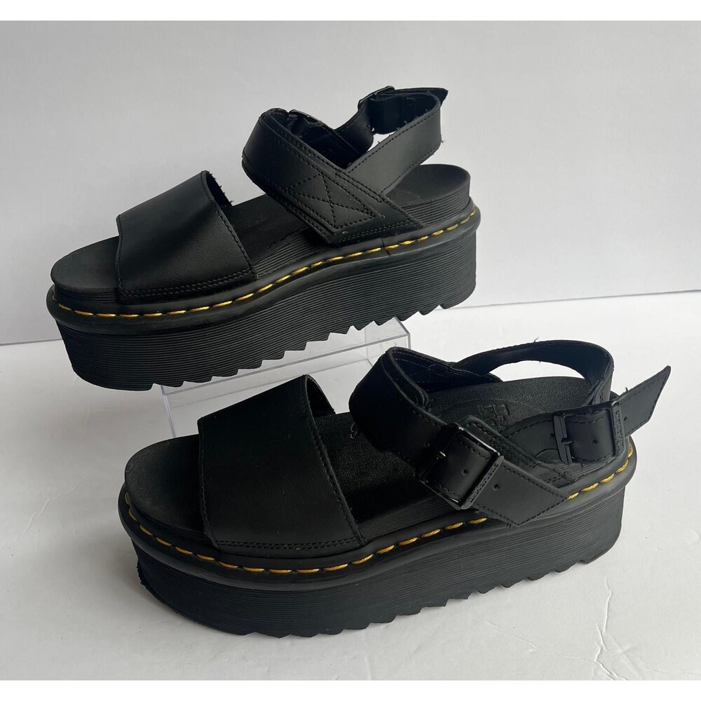 Dr. Martens Platform Sandals Voss Quad Black Hydro Leather Yellow Stitch Sz 8 39
